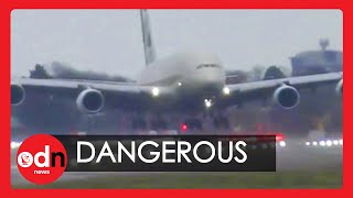 Storm Dennis World’s Largest Passenger Plane Lands Sideways at Heathrow [upl. by Yenahc]