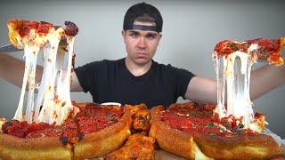 Double Cheesy Chicago Deep Dish Pizza Mukbang  Hot Wings [upl. by Quickel]