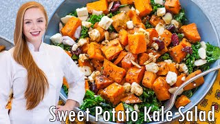 EASY Kale amp Sweet Potato Salad Recipe With Almonds Cranberries amp Cheese [upl. by Lonnard]