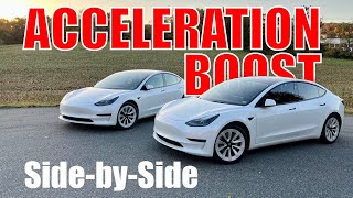 Tesla Model 3 Acceleration Boost Comparison SidebySide via Referral [upl. by Britta]