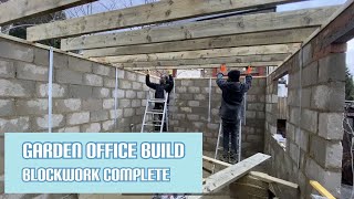 Building a block garden office  Blockwork wall plate and rafters [upl. by Hoxie]