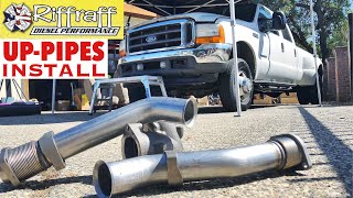 2001 F350 73  RiffRaff UpPipes Install  Stock up pipes leaking and falling apart JUNK SP [upl. by Ahsai]