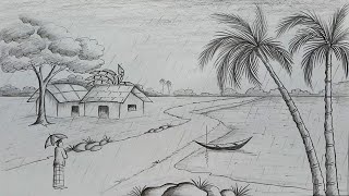 How to draw scenery of rainy season by pencil sketch step by step [upl. by Meeharbi]