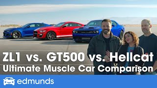 Ford Mustang Shelby GT500 vs Dodge Challenger Hellcat vs Chevy Camaro ZL1 — Muscle Car Comparison [upl. by Aikrehs]